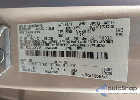 2017 Ford Escape Se из США, поврежденный, VIN 1FMCU0GD8HUB40758